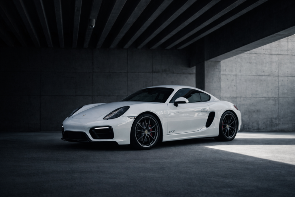 Porsche cayman dans le sous sol pour faire la photo de promotion