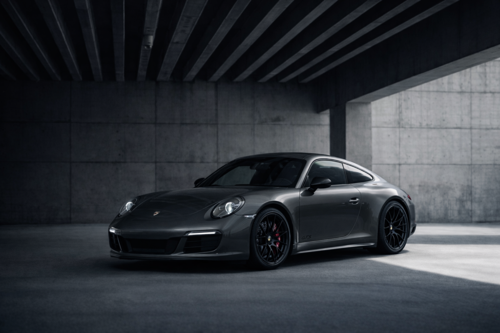 Porsche Carrera 4 Gts dans un garage sous sol pour la promotion de cette voiture