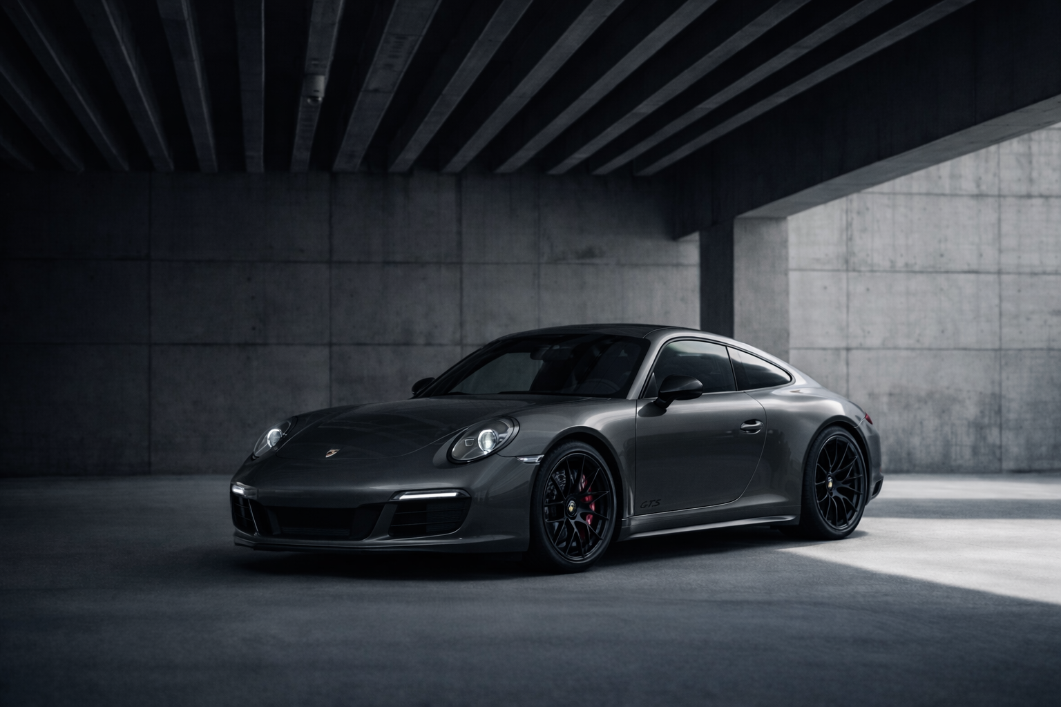 Porsche Carrera 4 Gts dans un garage sous sol pour la promotion de cette voiture