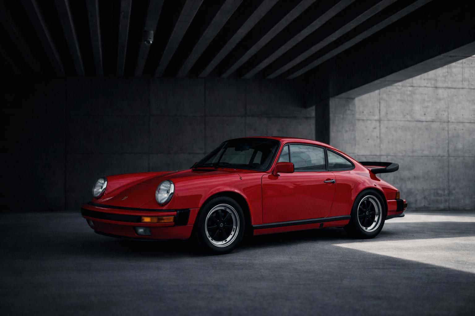 Porsche 911 SC rouge dans un garage pour promouvoir la voiture